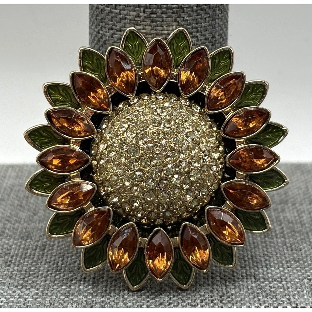 Napier Rhinestone Sunflower Brooch  Crystal Green Enamel Vintage Gold Tone